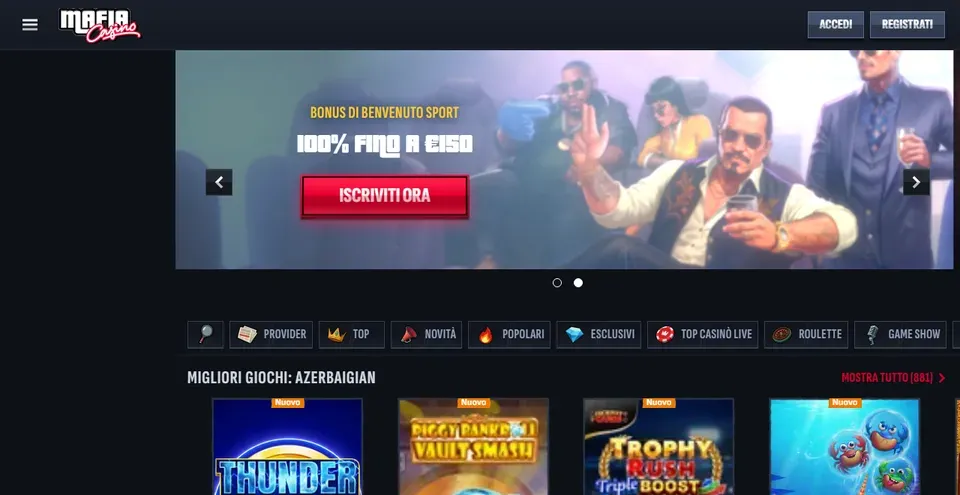 Screenshot della homepage di Mafia Casino