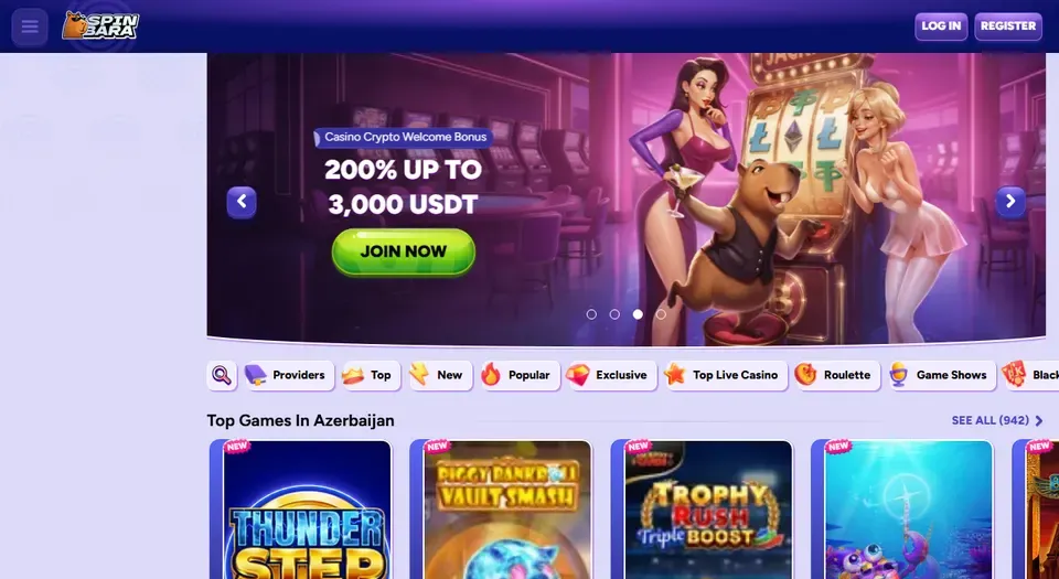 Screenshot della homepage di Spinbara casino