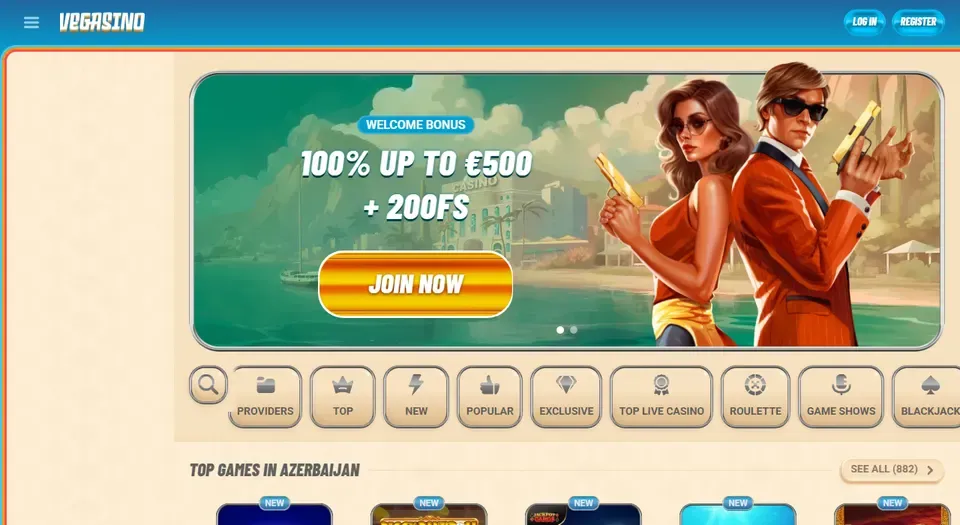 Screenshot della homepage di Vegasino casino online non italiano